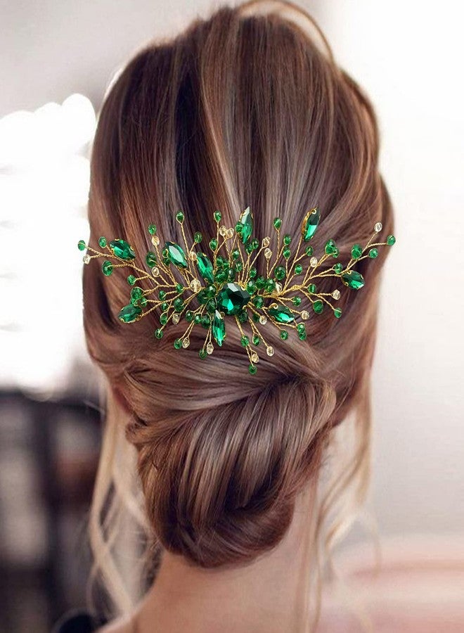 BETITETO Bride Wedding Hair Comb Green Crystal Golden Bridal Hair Vine Piece Accessories for Women Girls Party Photography (Green) - Image 2